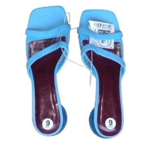 New STAUD Simone Clear Mule Sandals Size 6 Blue Leather Round Lucite Heel